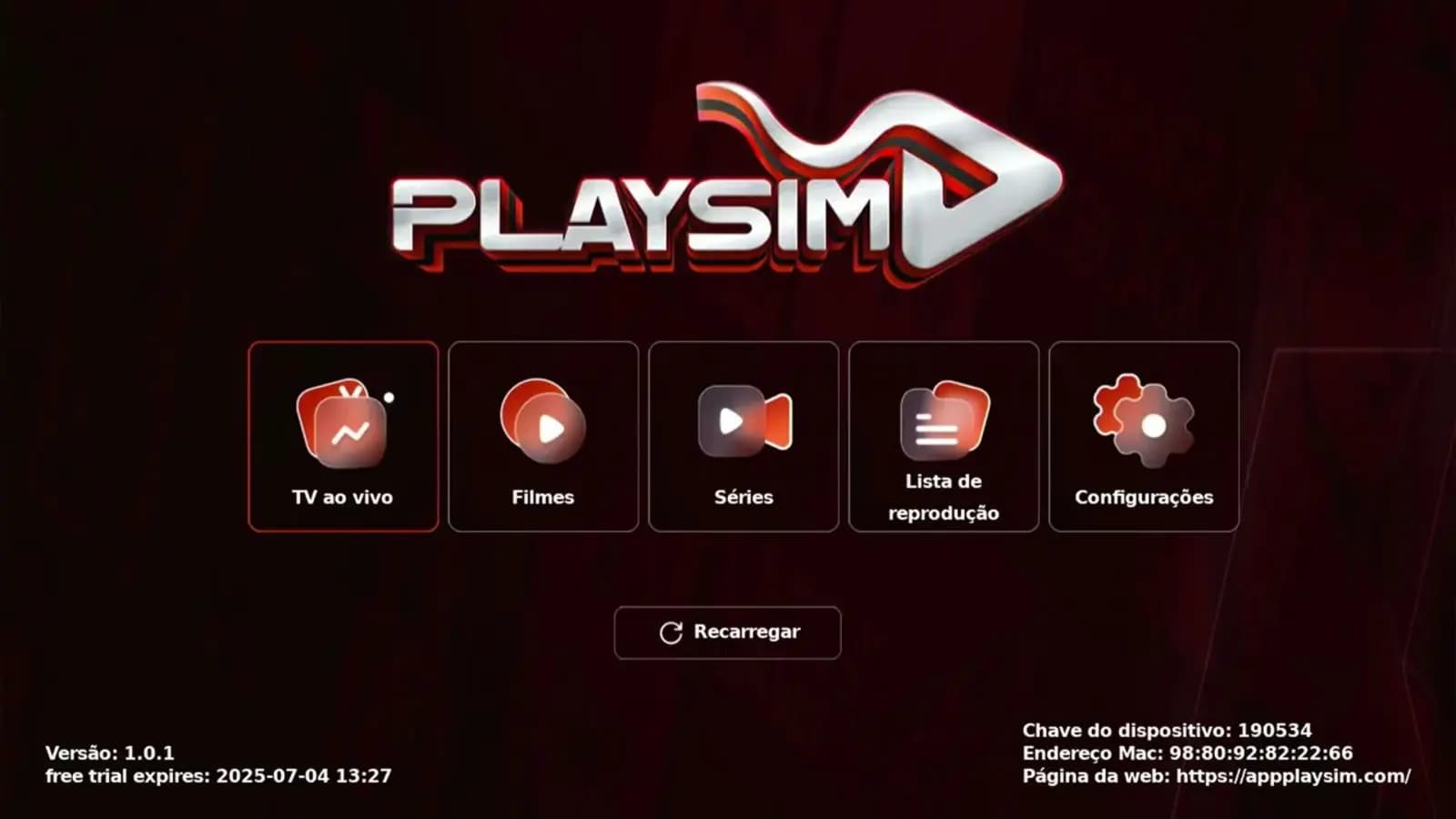 Playsim rodando em Smart TV Samsung, LG, Roku, Android TV e Fire TV Stick com lista IPTV